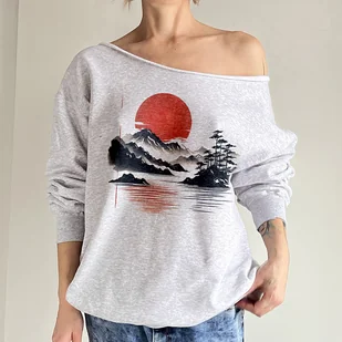 Japoński pejzaż Szara bluza cięta - Bluzy damskie - miniaturka - grafika 1