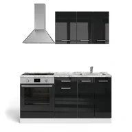 Meble kuchenne - Vicco Pojedyncza kuchnia R-Line, Czarny wysoki połysk/biały, 160 cm z szafką pod piekarnik i zlewem z BL - miniaturka - grafika 1