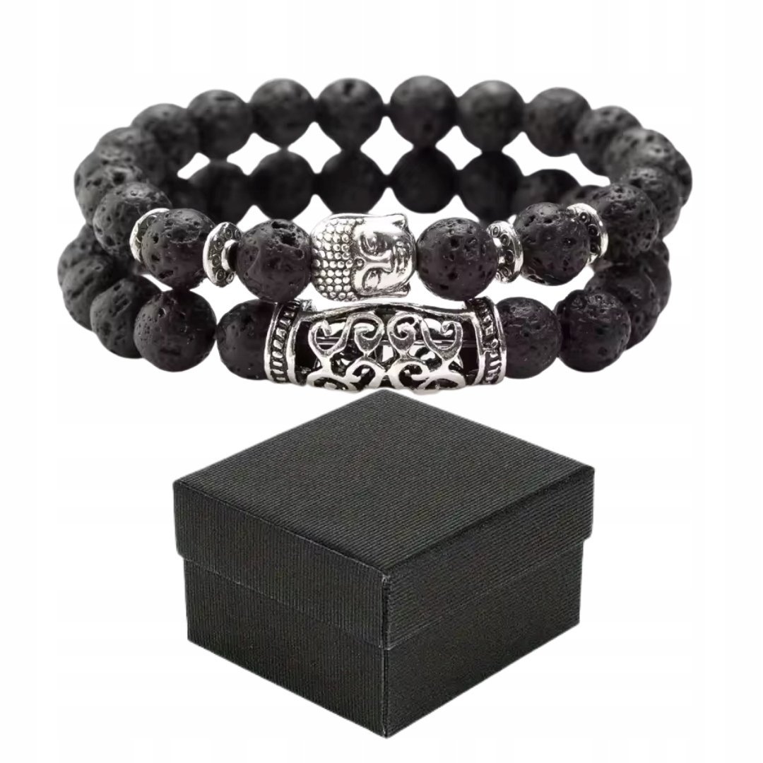 Zestaw 2 Bransoletek Czarnych we Wzorze Lawy z Kamieni Unisex w Pudełku