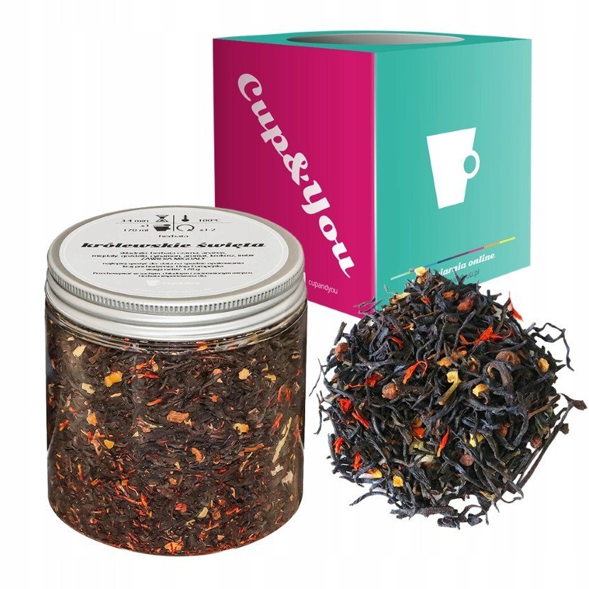 Czarna herbata KRÓLEWSKIE ŚWIĘTA ananas imbir goździki cynamon migdały 120g - sypana liściasta herbata PREMIUM na prezent upominek podarunek Cup&You