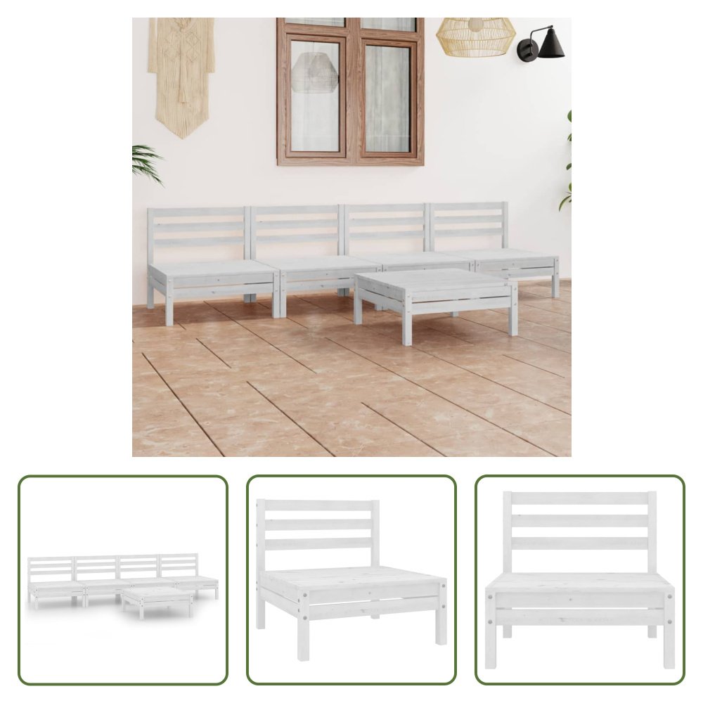 The Living Store 5-częściowy zestaw wypoczynkowy do ogrodu biały lite drewno sosnowe