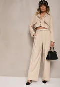 Komplety damskie - Beżowy Komplet w Stylu Garniturowym Krótka Marynarka i Długie Luźne Spodnie z Dwoma Paskami w Talii Rilithra - miniaturka - grafika 1