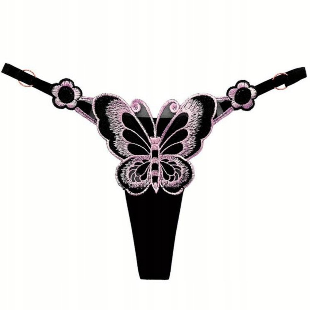 Majtki Damskie Koronkowe Stringi Bielizna Koronka Z Motylkiem Kolor Czarny