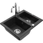 Zlewozmywaki z baterią - Mexen Carlos zlewozmywak granitowy 1,5-komorowy z baterią kuchenną Carla, czarny/złoty metalik - miniaturka - grafika 1