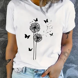 TEMU Bluzka Damska z Krótkim Rękawem - Nadruk Mniszek i , Okrągły Dekolt, Oddychająca Koszulka na Wiosnę//Jesień, Biała z Czarnym Wzorem Natury, - Bluzki damskie - miniaturka - grafika 1