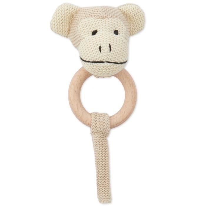 Bieco Grzechotka dla niemowląt szydełkowy małpka z drewnianym pierścieniem Grzechotka dla niemowląt Szydełkowa małpka z grzechotką Uchwyty do chwyta..