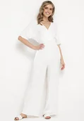 Kombinezony - Biały Taliowany Kombinezon z Kopertową Górą i Długimi Szerokimi Nogawkami Loni - miniaturka - grafika 1