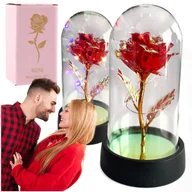Sztuczne kwiaty - Wieczna róża kwiat czerwona dekoracyjna na prezent w kopule z lampkami LED - miniaturka - grafika 1