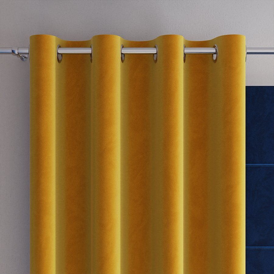 Gotowa zasłona z miękkiej welwetowej tkaniny Velvi, kolor musztardowy na przelotkach 140x240 cm