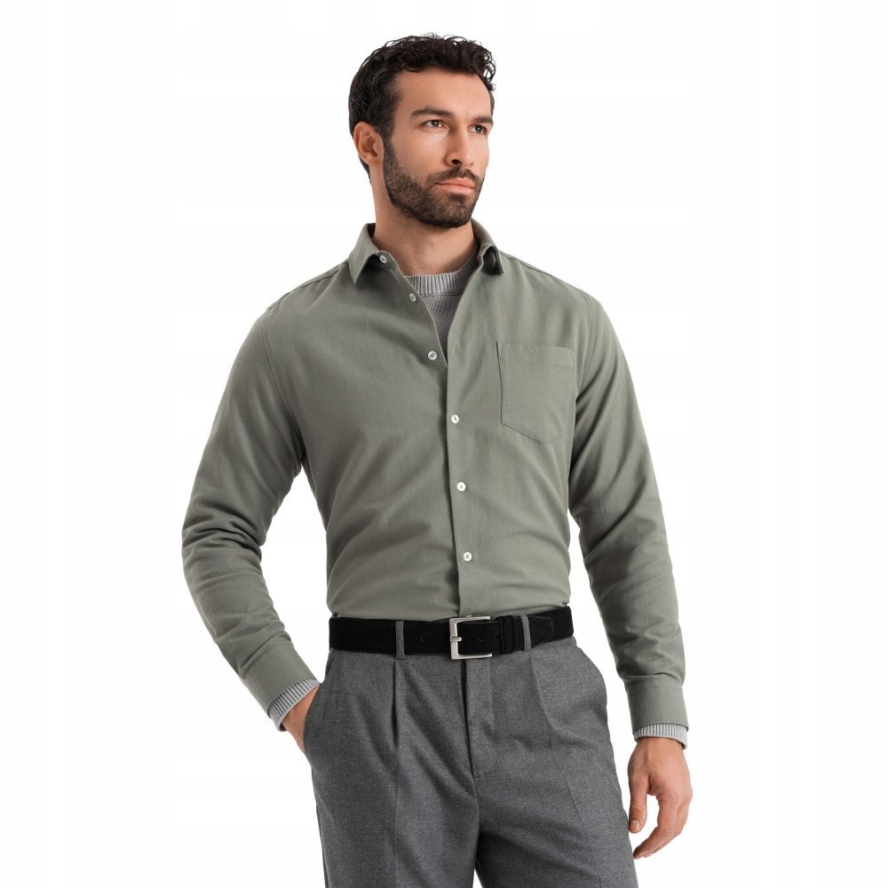 Modna koszula męska z kieszenią khaki wygodna Ombre OM-SHCS-0148 V4 r. S