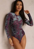 Body - Ciemnofioletowe Body z Welurowym Wzorem w Kwiaty Aigal - miniaturka - grafika 1
