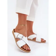 Klapki i japonki damskie - Skórzane Klapki Damskie Z Klamrą Inblu VO0004GU Białe - miniaturka - grafika 1