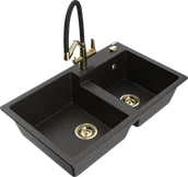 Zlewozmywaki z baterią - Mexen Tomas zlewozmywak granitowy 2-komorowy z baterią kuchenną Duo, czarny/złoty metalik - 6516-75-671701-57-G - miniaturka - grafika 1