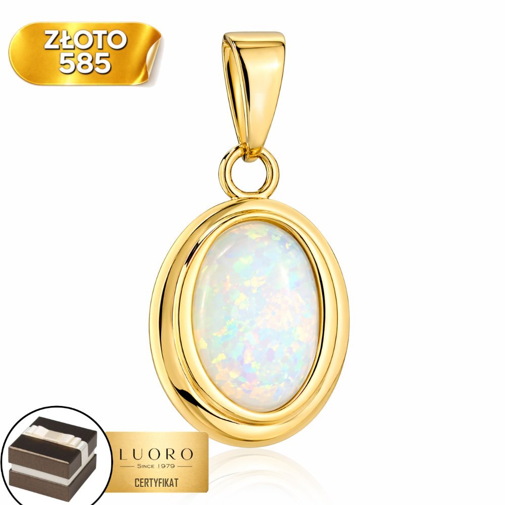 ZAWIESZKA ZŁOTA 585 14K OWALNY OPAL GŁADKA OPAKOWANA 1,6 CM ELEGANCKA