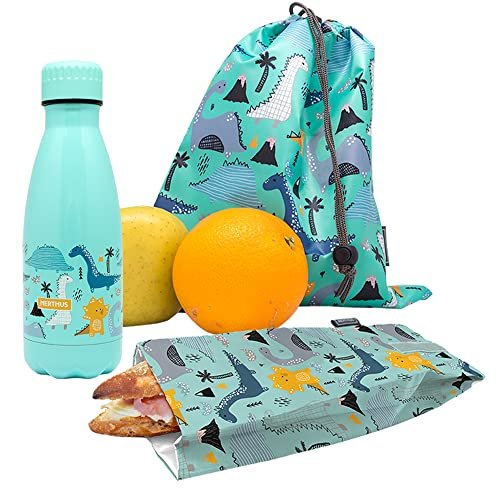 NERTHUS FIH 1035 ZESTAW dwuścienna butelka ze stali nierdzewnej + torba na przekąski + plecak dinozaury