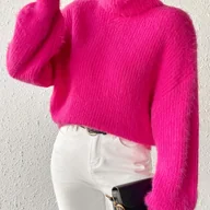 Swetry damskie - TEMU Damski Różowy Zimny Płaszcz-Sweter z Kołnierzem – Miękki Sweter Długi, Pluszowe Wykończenia, Bez , Elegancka Odzież Wierzchnia na Jesień i Zimę - miniaturka - grafika 1