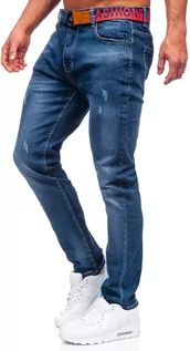 Spodnie męskie - Granatowe spodnie jeansowe męskie skinny fit z paskiem Denley R85142W1 - grafika 1