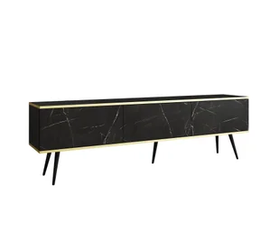 Komoda RTV Glamour Nowoczesna Szafka RTV Marmur Black Royal Nogi Czarne 175 cm złote elementy - Szafki RTV - miniaturka - grafika 1