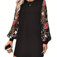 Sukienki - TEMU Elegancka sukienka damska z koronkowymi rękawami w kształcie lampionów, okrągłym dekoltem i do połowy łydki - z kontrastową koronkową lamówką, - miniaturka - grafika 1