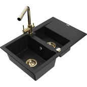 Zlewozmywaki z baterią - Mexen Gaspar zlewozmywak granitowy 1,5-komorowy z ociekaczem i baterią kuchenną Duero, czarny - miniaturka - grafika 1