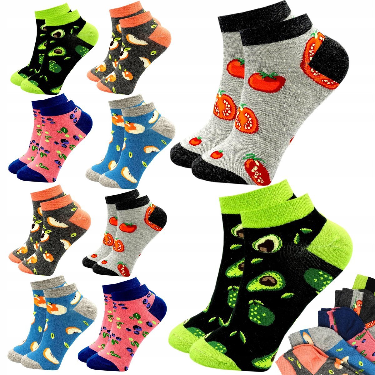 10x Stopki Damskie Krótkie Skarpetki Bawełniane Wzory Kolorowe Zestaw 35/38