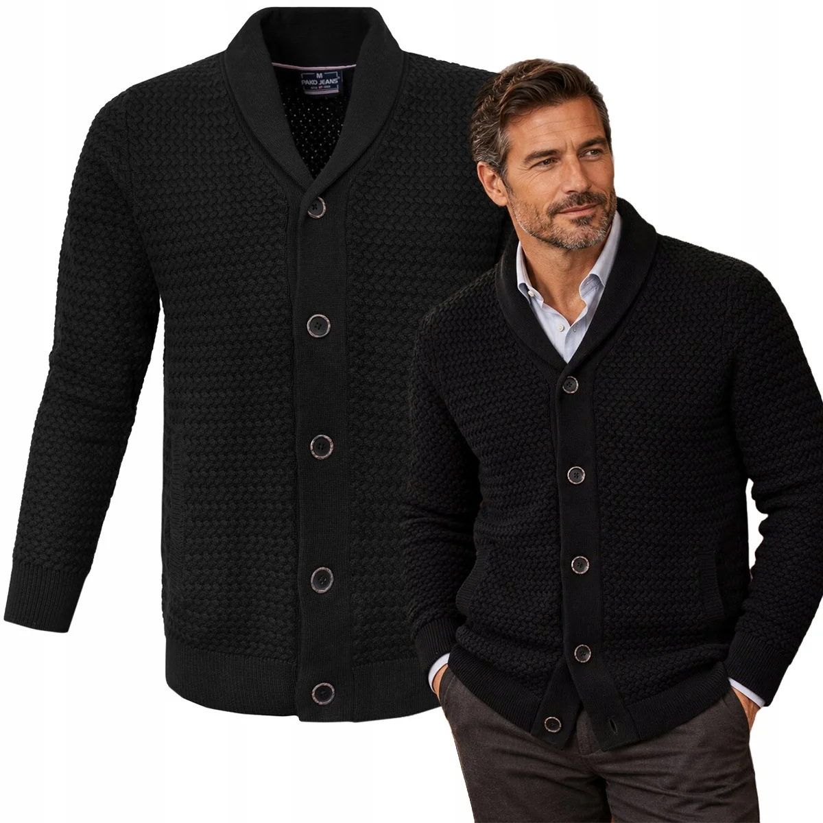 SWETER Męski ROZPINANY Ciepły Kardigan na Guziki CZARNY Pako Jeans SWETER Męski ROZPINANY Ciepły Kardigan na Guziki CZARNY XL Pako Jeans