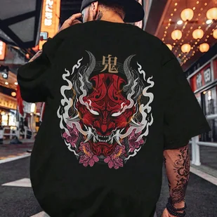 TEMU Koszulka Męska Casual z Nadrukiem - Krótki Rękaw, Wzór Płomienia i Kwiatów, Regular Fit, Letnia Streetwearowa Koszula w Kolorze - Koszule męskie - miniaturka - grafika 1
