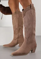 Kozaki damskie - Ciemnobeżowe Kozaki Kowbojki na Stożku z Haftem na Cholewce Gallessa - miniaturka - grafika 1