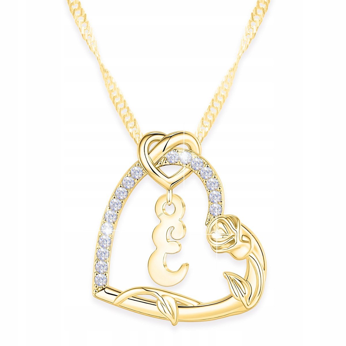 Złoty Naszyjnik Litera Serce Kwiat Różą z Literką Inicjał E SREBRO 925