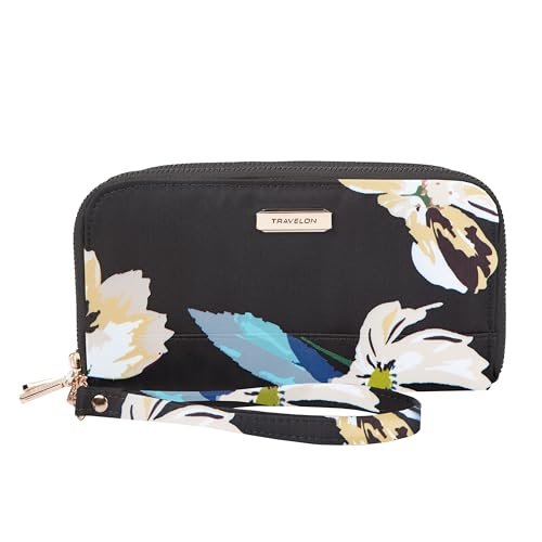 Travelon Portfel z podwójnym zamkiem błyskawicznym z blokadą RFID, kwiatowy (Midnight Floral), 19 cm szer. x 10 cm wys. x 3 cm, podwójny portfel z zamkiem błyskawicznym blokującym RFID