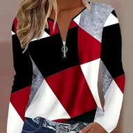 Bluzki damskie - TEMU Koszulka Damska z Długim Rękawem w Kolorowe Bloki Czerwono-Czarne-Szare, Zamek na Przodzie, Średnio Elastyczny Materiał, Regular Fit – - miniaturka - grafika 1