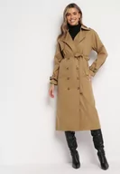 Płaszcze damskie - Jasnobrązowy Długi Płaszcz Trencz Dwurzędowy z Paskiem w Talii Cadenite - miniaturka - grafika 1