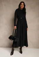 Sukienki - Czarna Dzianinowa Sukienka Rozkloszowana Longsleeve z Wiskozą i Paskiem Tusnira - miniaturka - grafika 1