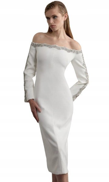KAREN MILLEN PETITE BIAŁA SUKIENKA MIDI Z DŁUGIMI RĘKAWAMI 40 B1C