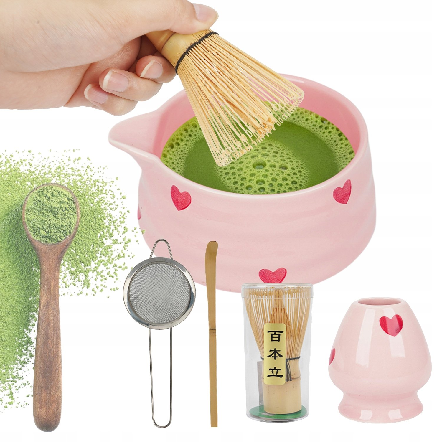 Zestaw Matcha Różowy Z Miską Ceramiczną Sitkiem Łyżką I Stojakiem