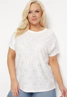 Koszulki i topy damskie - Biały T-shirt Koszulka z Krótkim Rękawem z Ażurowej Tkaniny Nispia - miniaturka - grafika 1