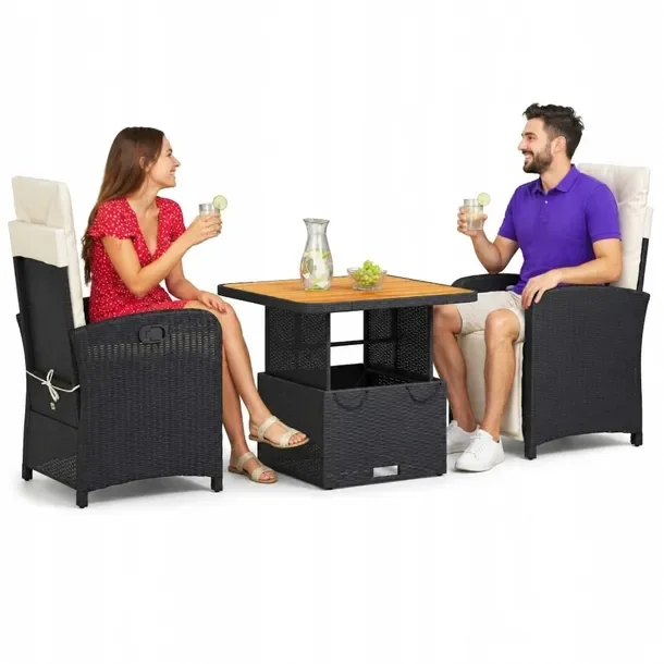 Zestaw mebli ogrodowych czarny, stół 80x80x40/71 cm, krzesła 57x61x93 cm