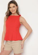 Bluzki damskie - Czerwona Bluzka Bez Rękawów z Baskinką Zdobiona Kokardkami Linopia - miniaturka - grafika 1