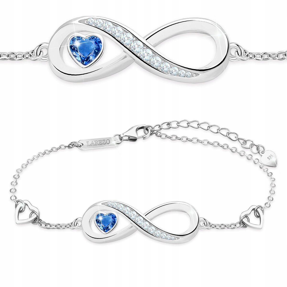 Bransoletka Srebrna Niebieska Cyrkonia Serce z Nieskończonością SREBRO 925