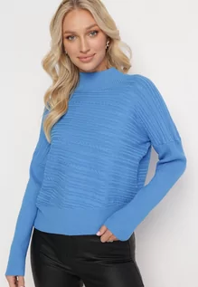 Swetry damskie - Niebieski Sweter z Wełną o Asymetrycznym Fasonie z Tłoczeniem Sarositte - grafika 1