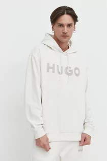 Bluzy męskie - HUGO bluza bawełniana męska kolor beżowy z kapturem z aplikacją - Hugo - grafika 1