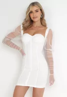 Sukienki - Biała Sukienka Dopasowana z Marszczeniem i Bufiastymi Rękawami Farnia - miniaturka - grafika 1