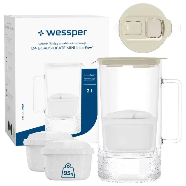 Szklany dzbanek filtrujący Wessper D4 BOROSILICATE MINI 2l + 3x filtr
