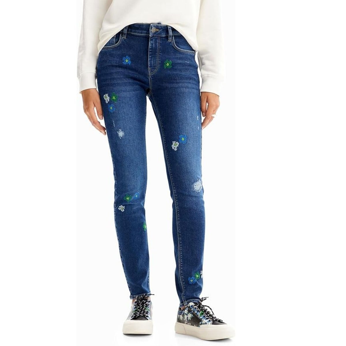 Spodnie damskie Desigual Bruselas jeansowe slim fit z haftem-XS