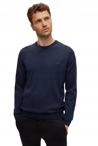 BOSS GRANATOWY SWETER MĘSKI Z OKRĄGŁYM DEKOLTEM 100 WEŁNA XL I1E