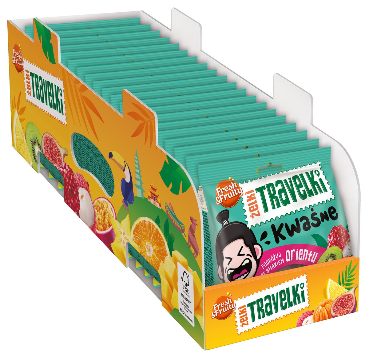 Karton Żelki Travelki kwaśne smaki Orientu Fresh&Fruity 80g 20 sztuk