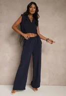 Komplety damskie - Granatowy Komplet Spodnie o Szerokim Kroju i Kopertowa Bluzka ze Ściągaczem Reavilora - miniaturka - grafika 1