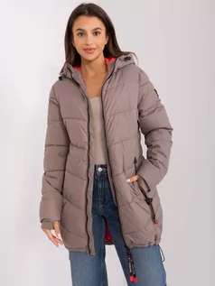 Płaszcze damskie - Płaszcz zimowa jasny brązowy casual kurtka pikowana rękaw długi kieszenie suwak - grafika 1