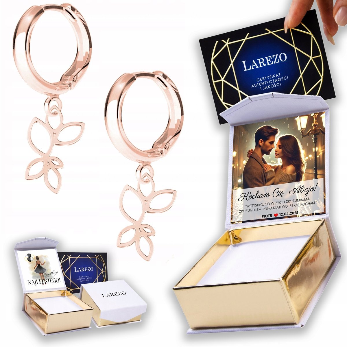 Kolczyki Pozłacane 925 Ażurowe Liście Liść Listki Leaf Gałązka NADRUK