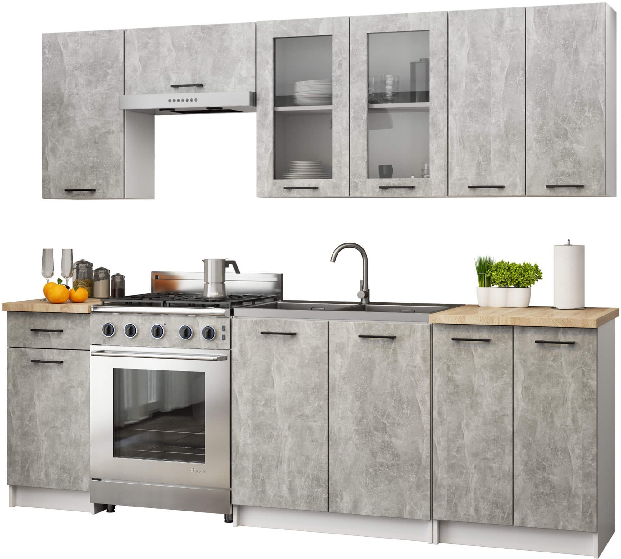 MEBLE KUCHENNE ZESTAW OLIWIA Z WITRYNĄ 2.4M H720 BETON